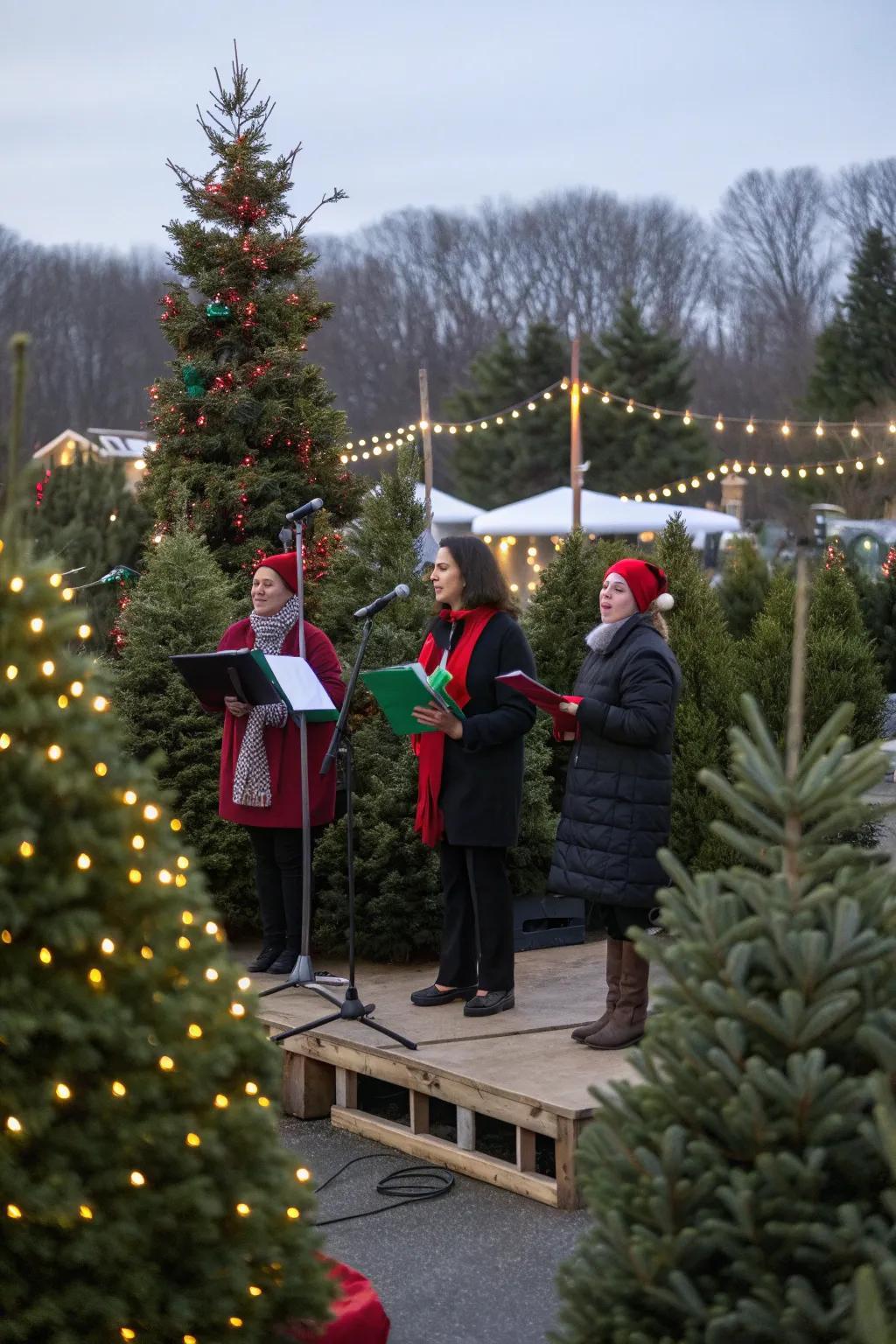Carolers bring festive tunes to the tree lot.