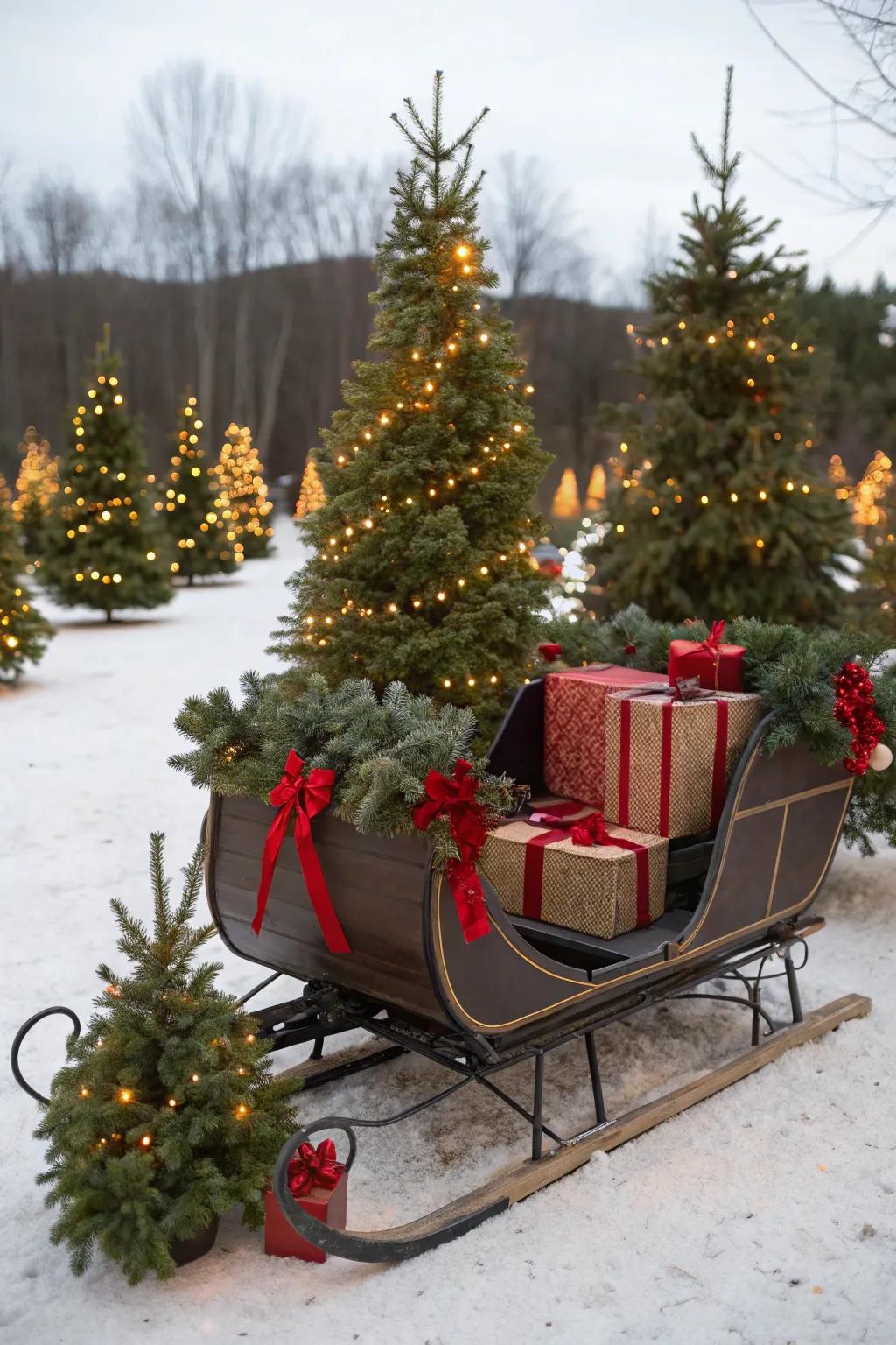 A vintage sleigh adds a touch of nostalgia.