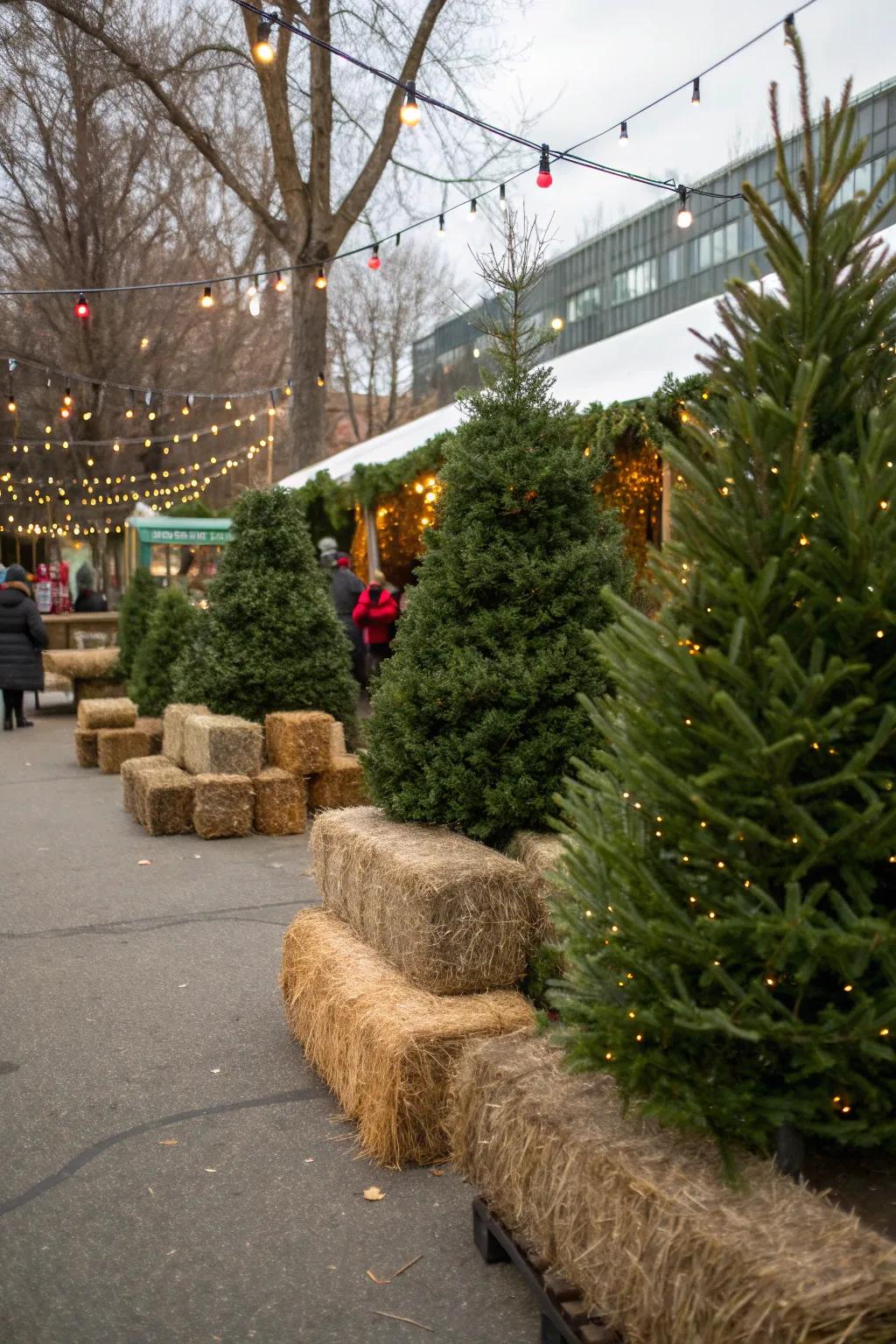 Hay bales provide rustic seating and display options.