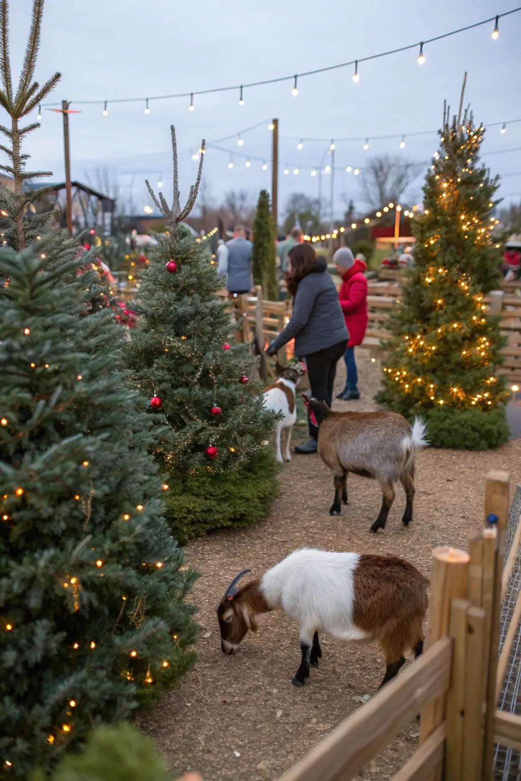 A petting zoo adds a playful touch to the tree lot.