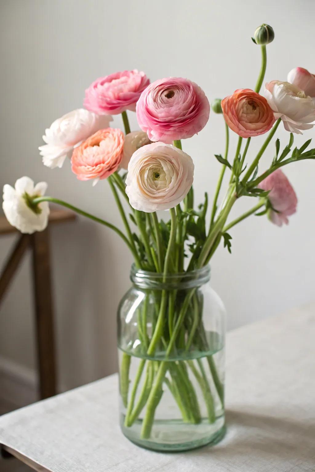 Simple elegance with ranunculus in a glass jar.