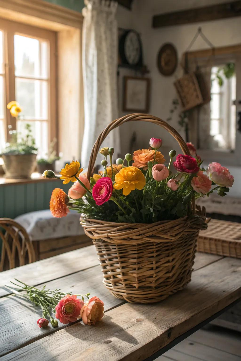 Rustic charm with ranunculus in a woven basket.