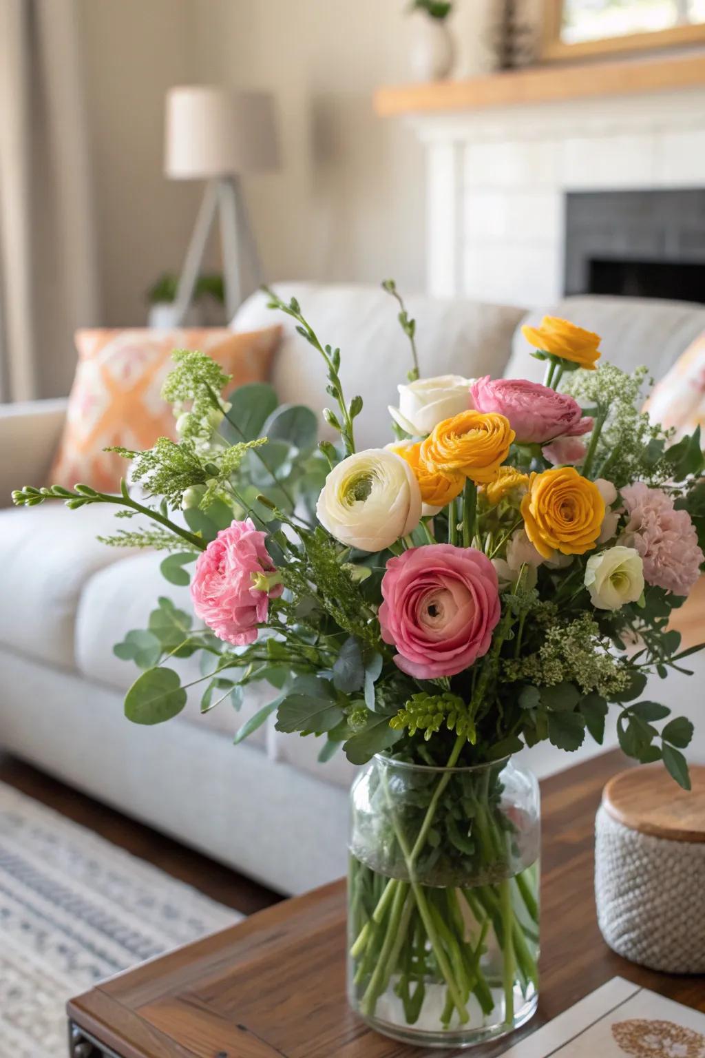 Bring nature indoors with ranunculus and greenery.