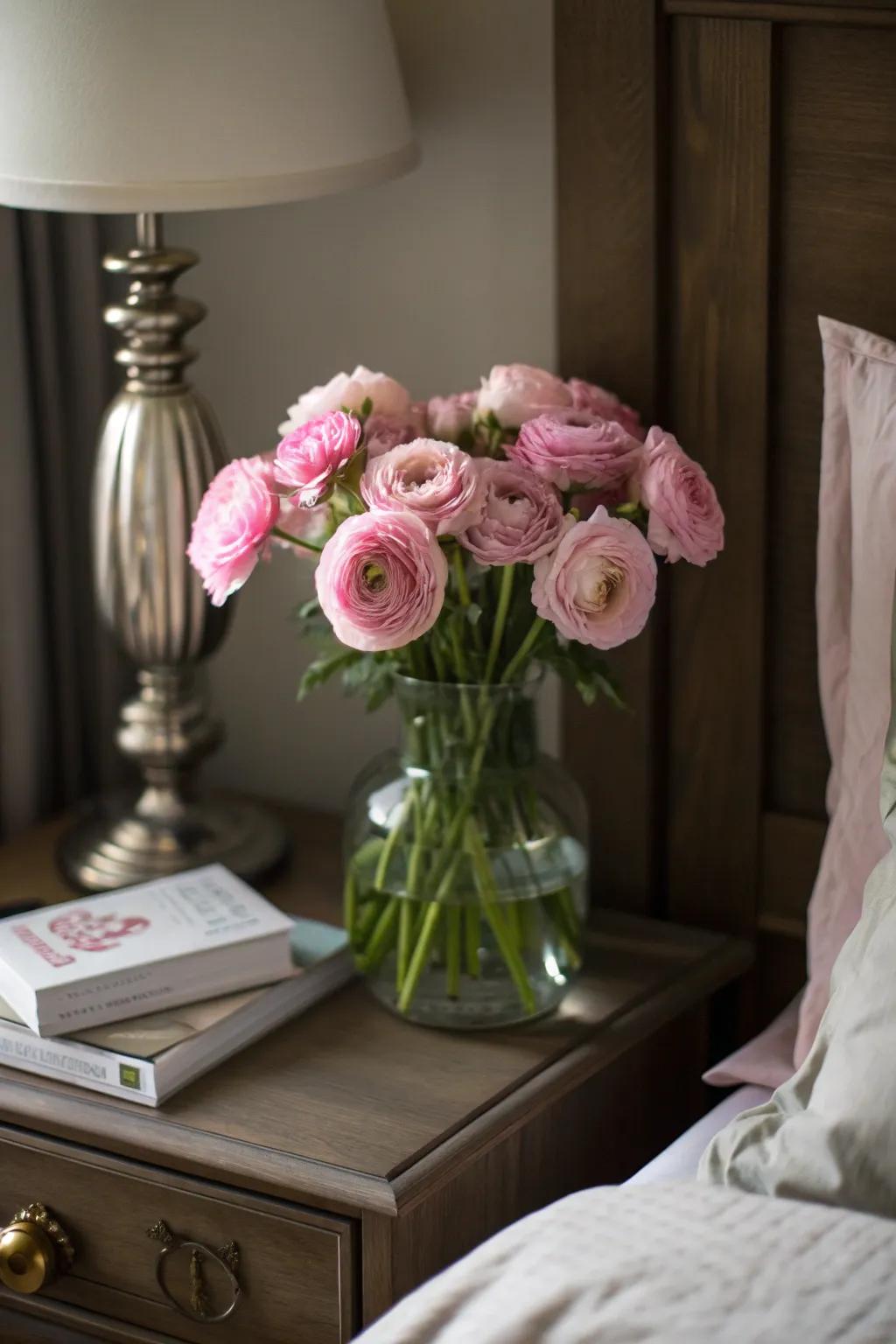 Romantic vibes with pink ranunculus on the nightstand.