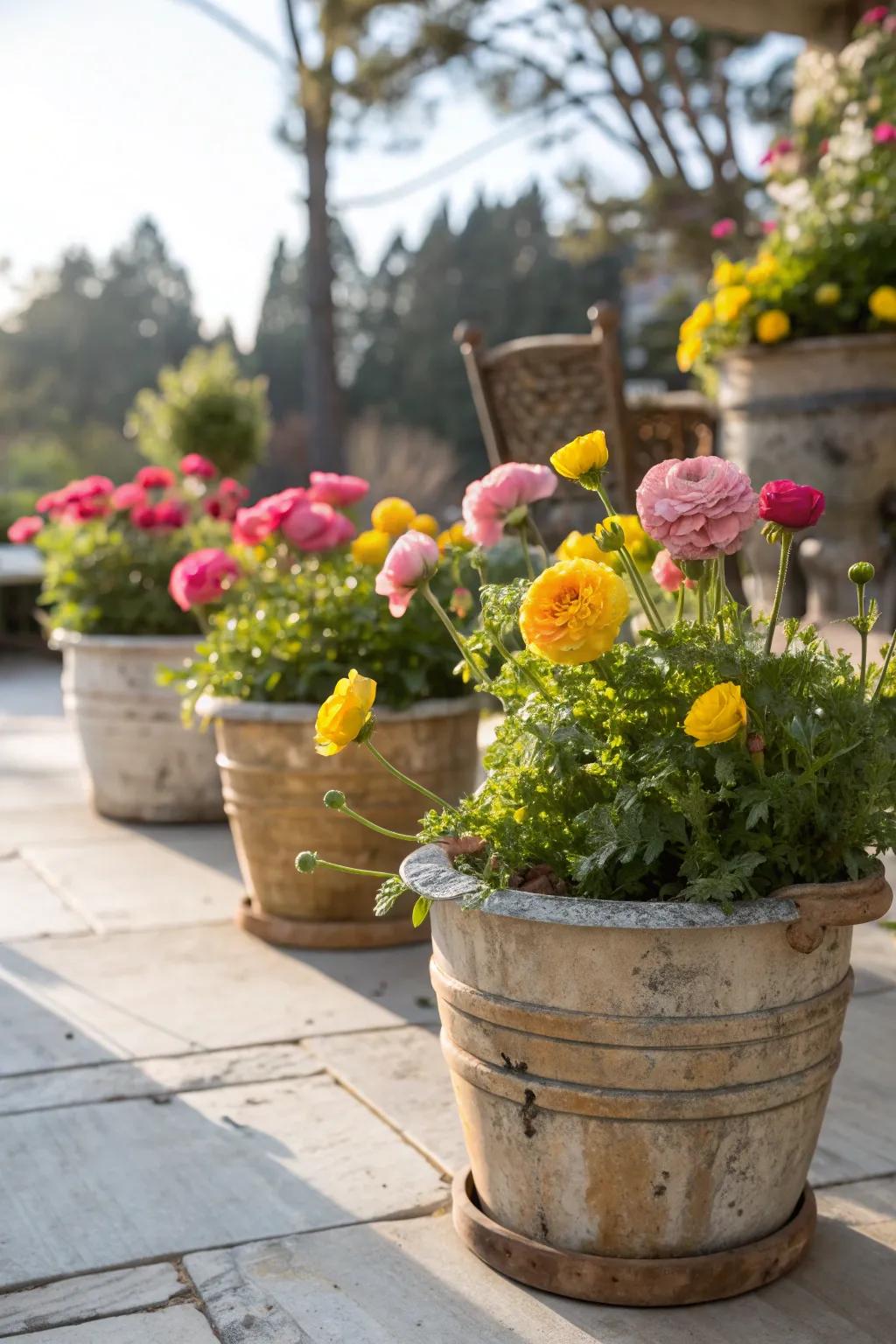 Festive outdoor vibes with ranunculus in rustic pots.