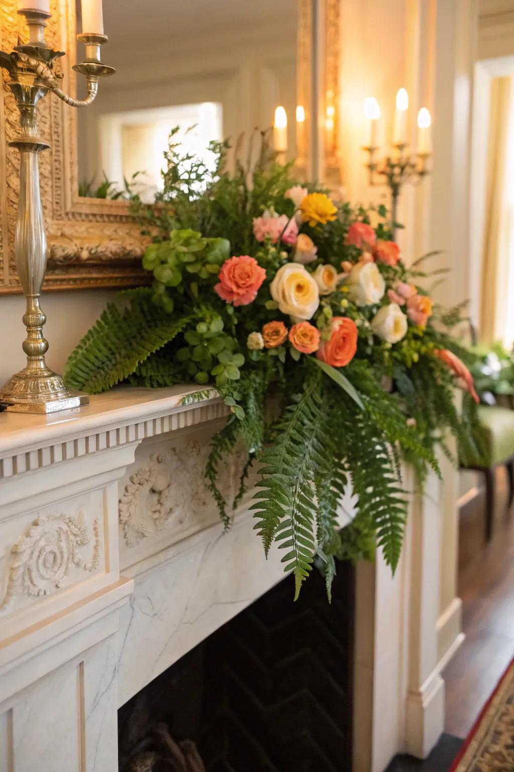 Natural elegance with ranunculus and ferns on the mantel.