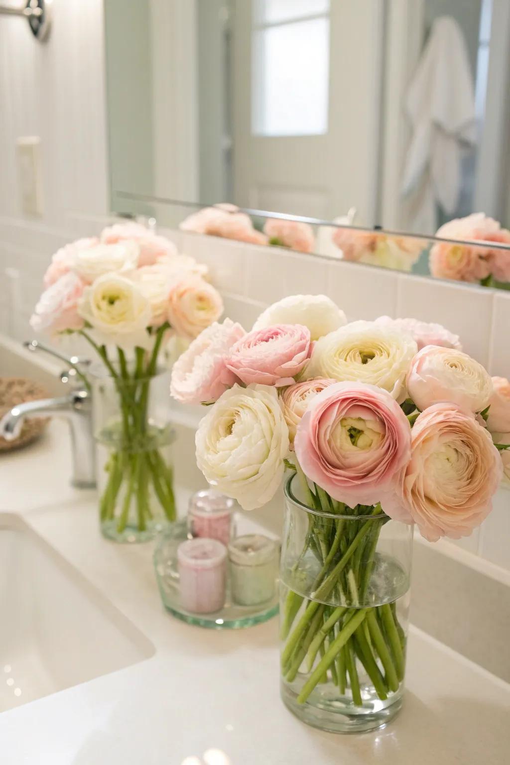 Serene bathroom vibes with soft-hued ranunculus.