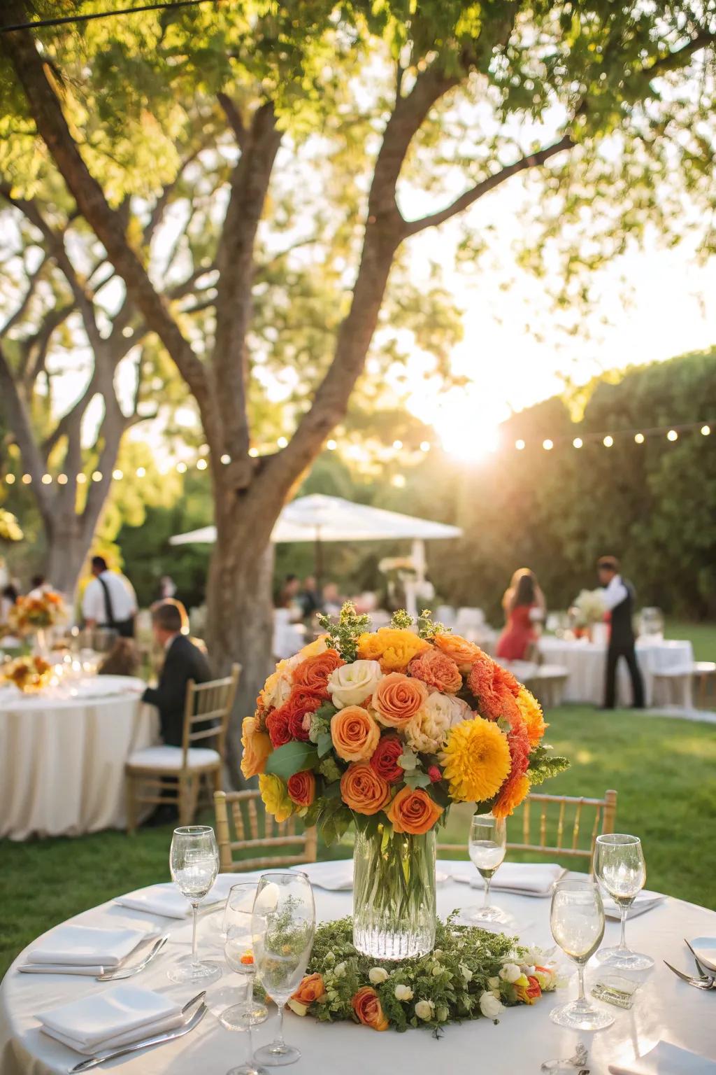 Dramatic centerpiece with ranunculus for a garden party.