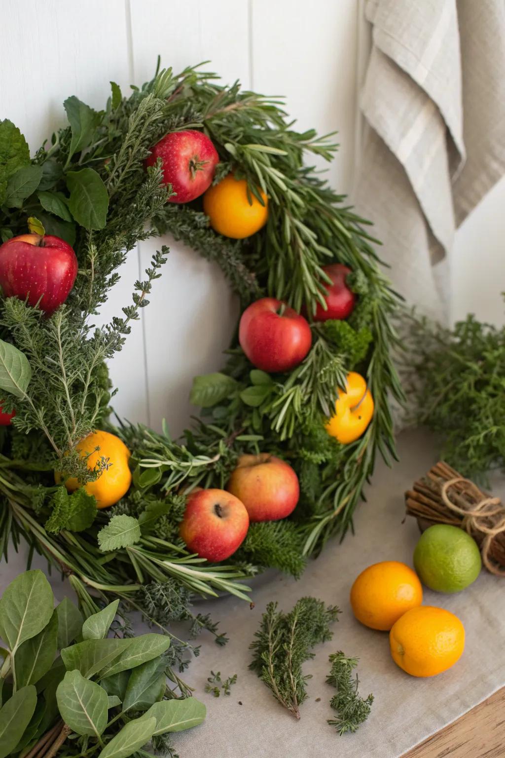 A refreshing take on traditional wreaths with herbs and fruits.