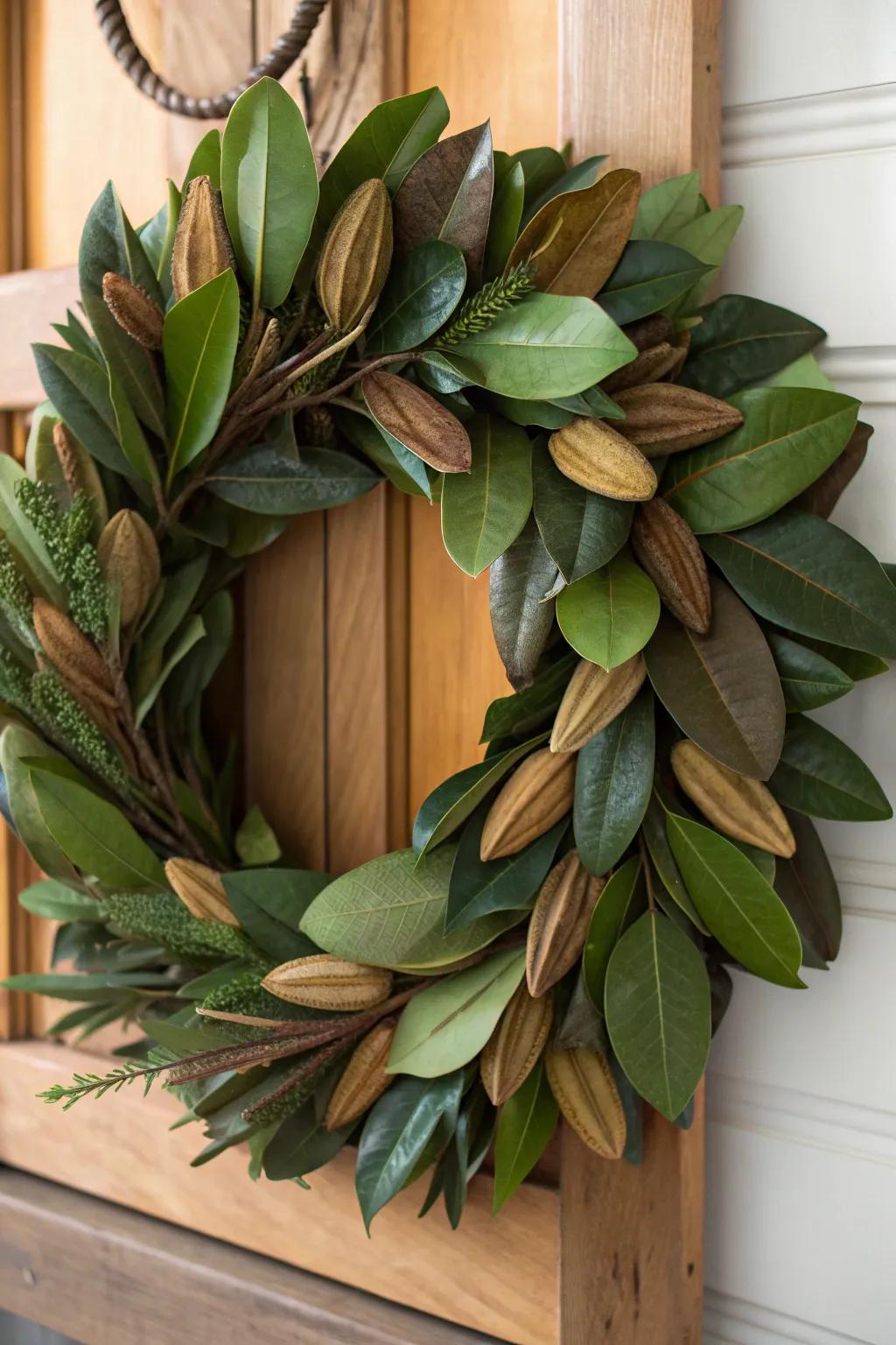 A harmonious blend of natural elements in a wreath.