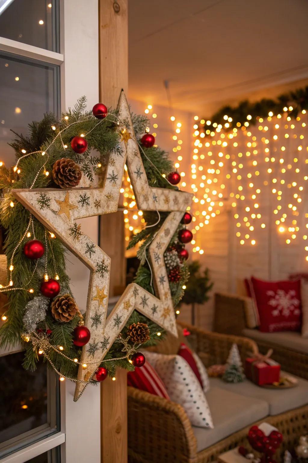 A uniquely shaped wreath that stands out.