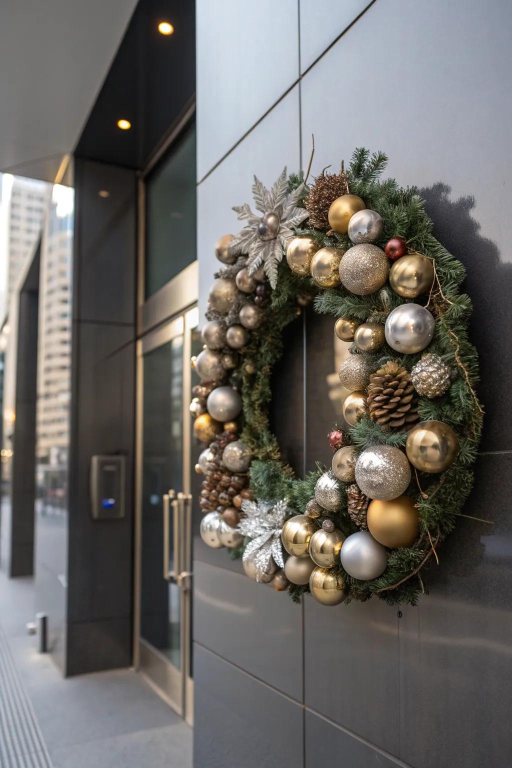 A wreath that marries vintage charm with modern flair.