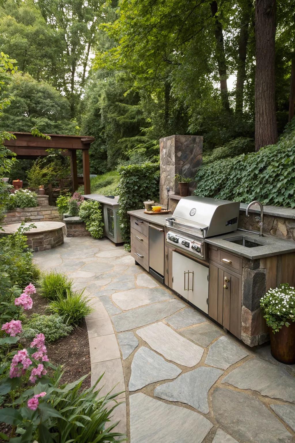 Natural stone flooring creates a seamless blend with your garden for an elegant outdoor kitchen.