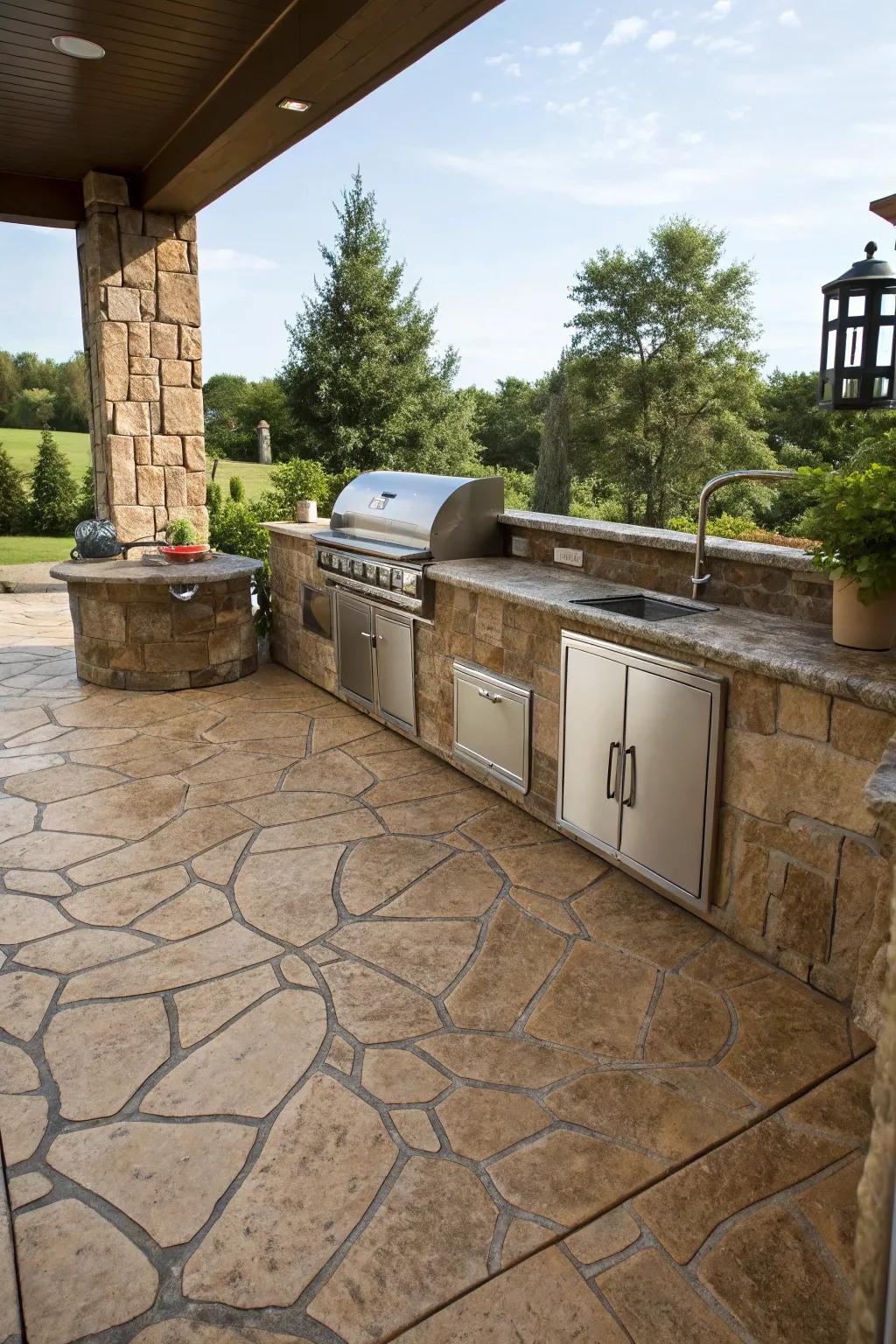 Stamped concrete offers a versatile and durable option for outdoor kitchen floors.