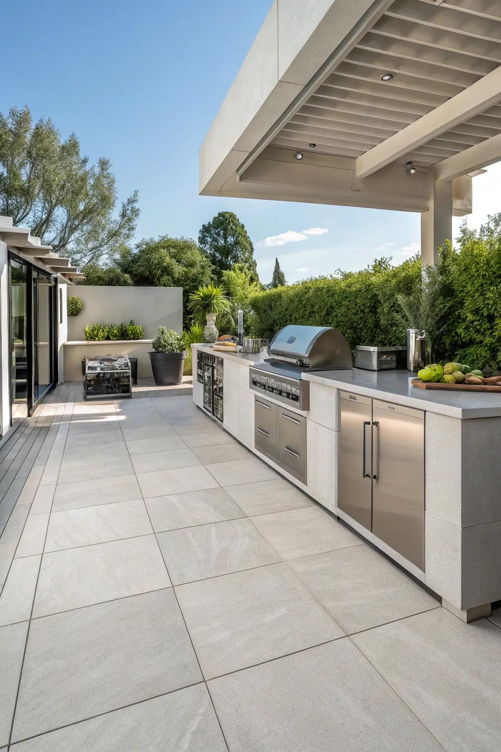 Porcelain pavers provide a durable and stylish solution for outdoor kitchens.