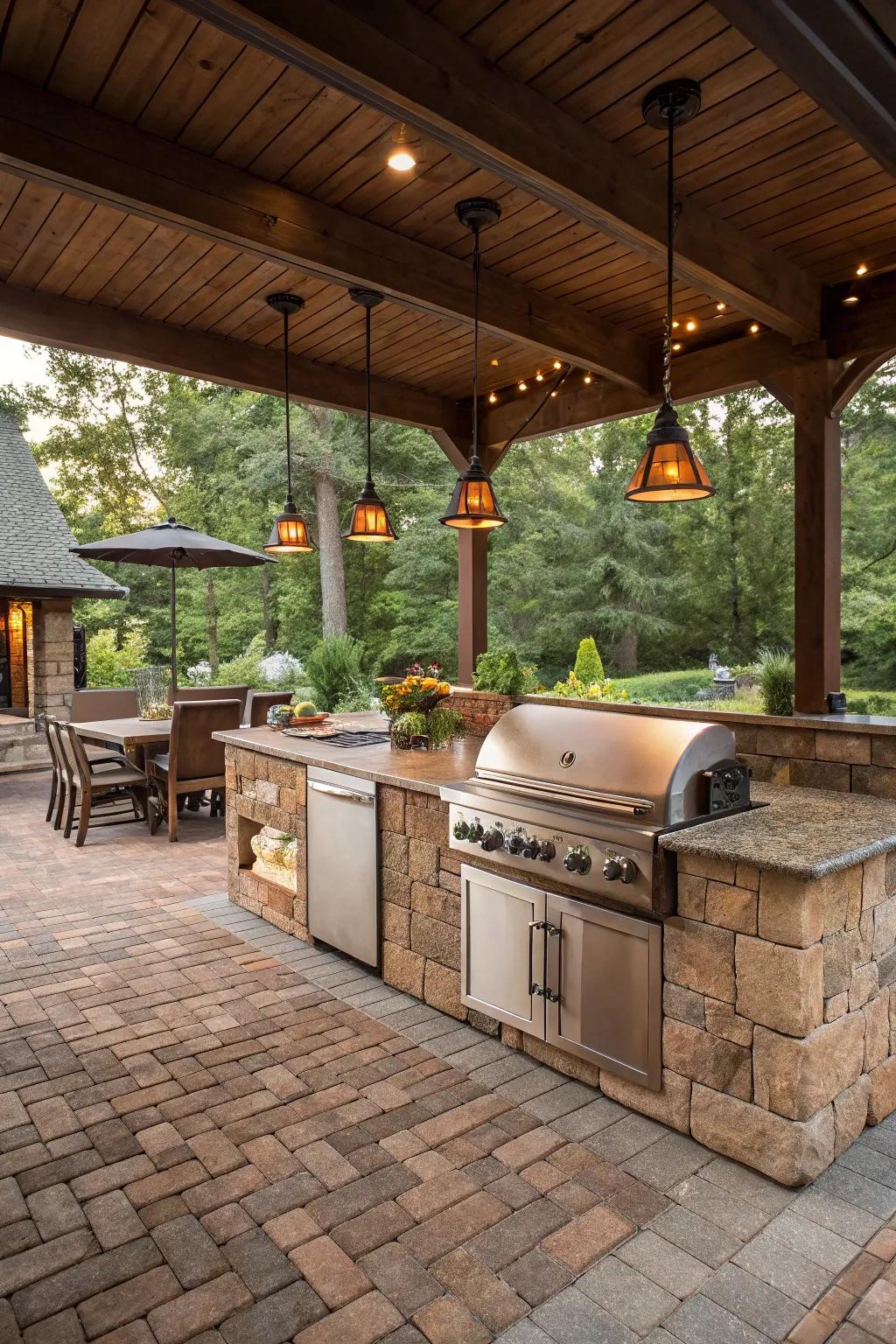 Brick pavers bring a rustic charm and warmth to outdoor kitchen spaces.