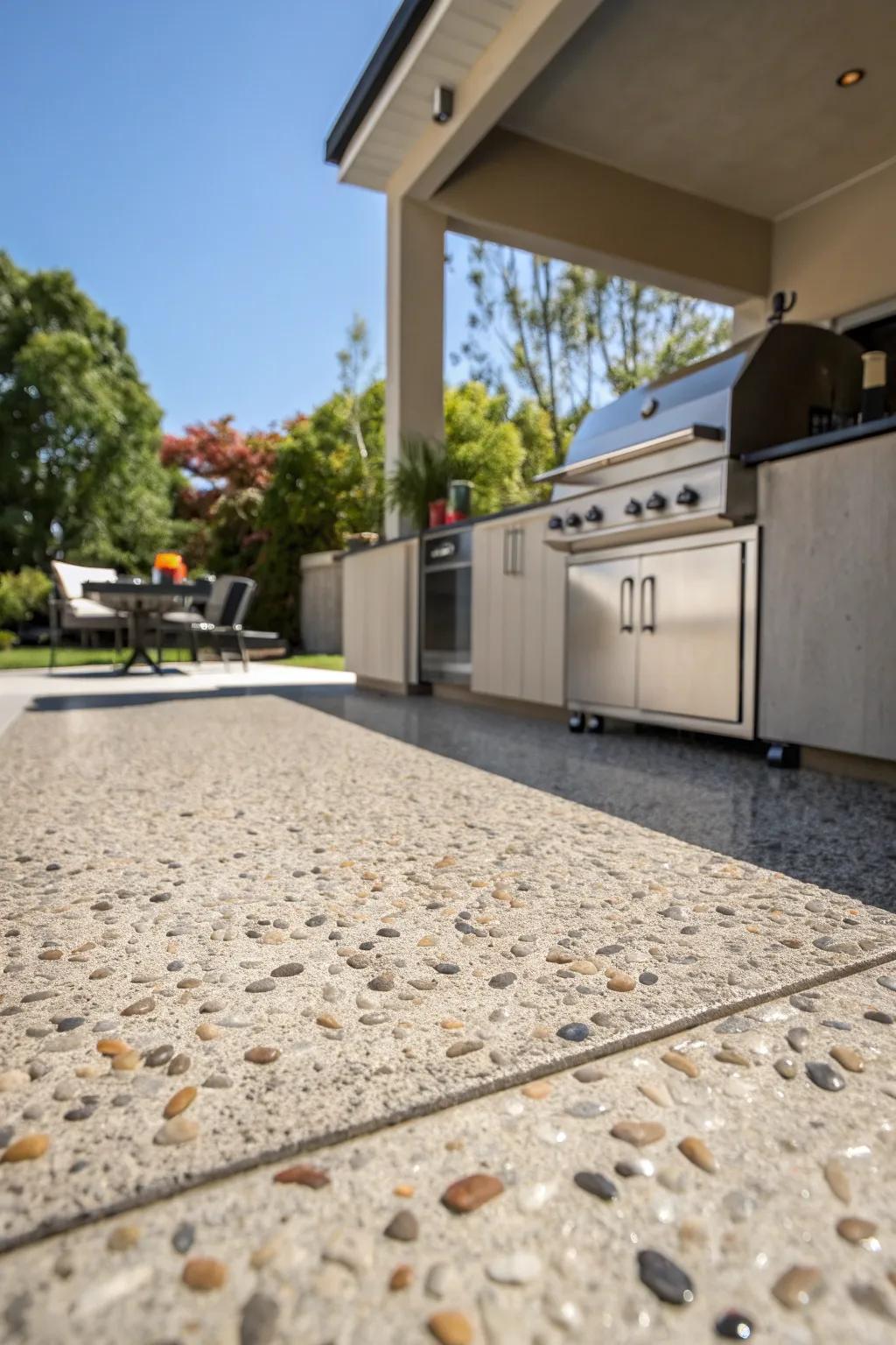 Exposed aggregate concrete adds texture and slip resistance to outdoor kitchens.