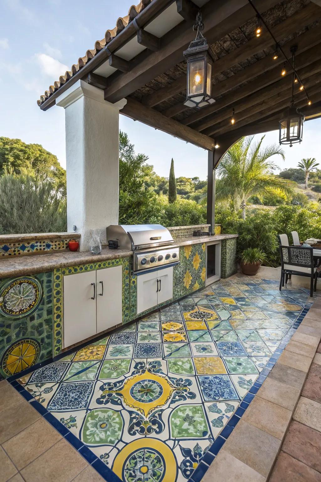 Ceramic tiles bring color and classic style to outdoor kitchen floors.