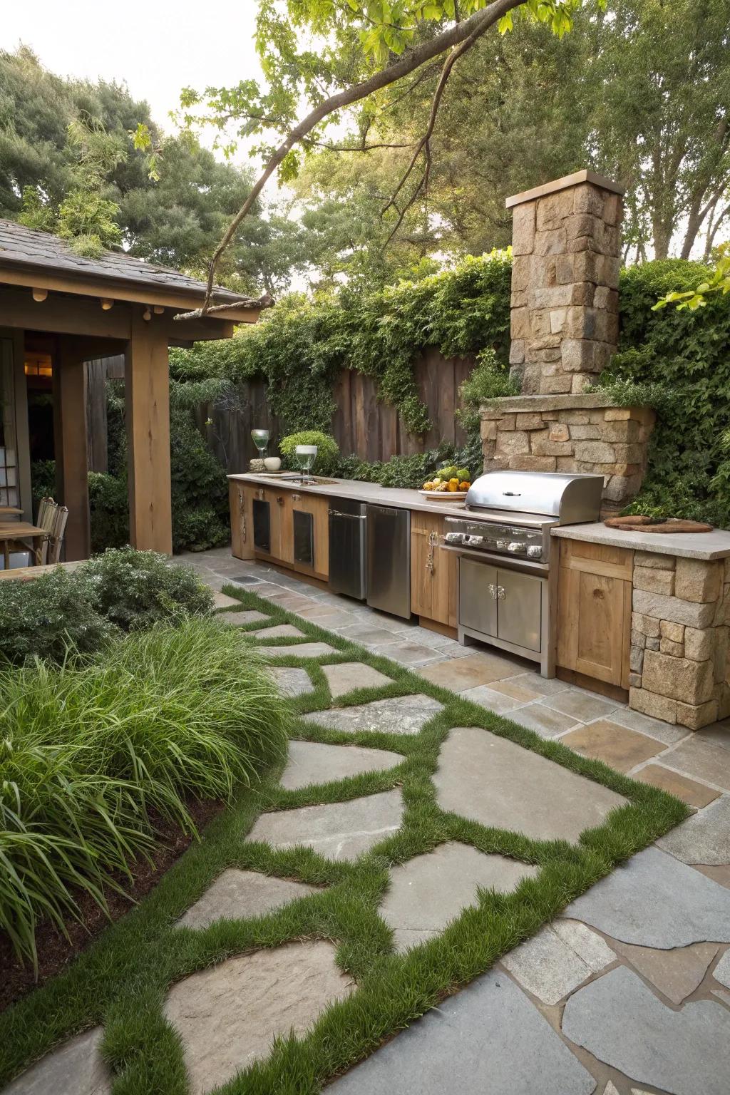 Grass and stone create a natural blend for a tranquil outdoor kitchen setting.