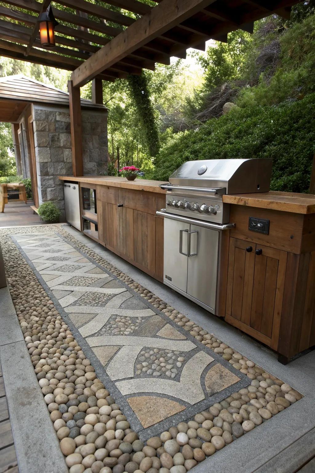 Pebble inlay adds texture and a unique visual interest to outdoor kitchen floors.