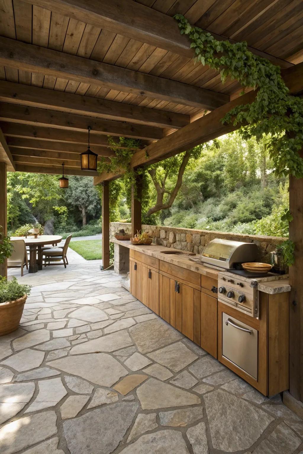 Flagstone creates a natural, rustic appeal for outdoor kitchen floors.