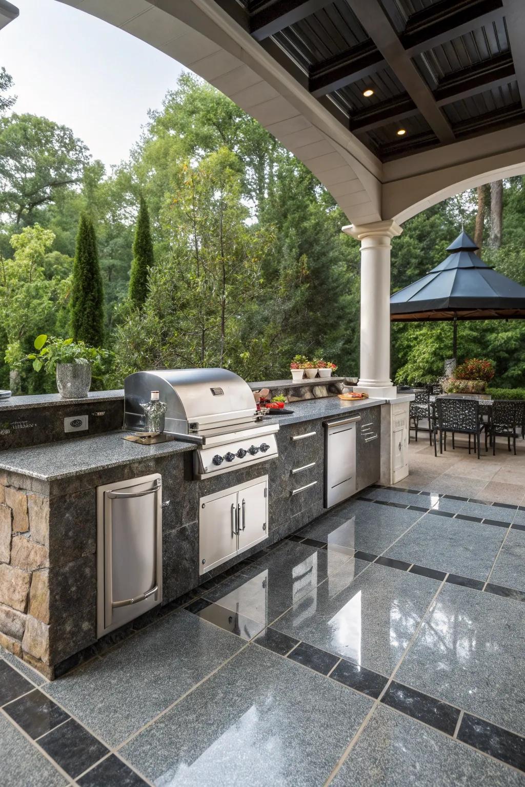 Granite flooring offers a luxurious and durable solution for outdoor kitchens.