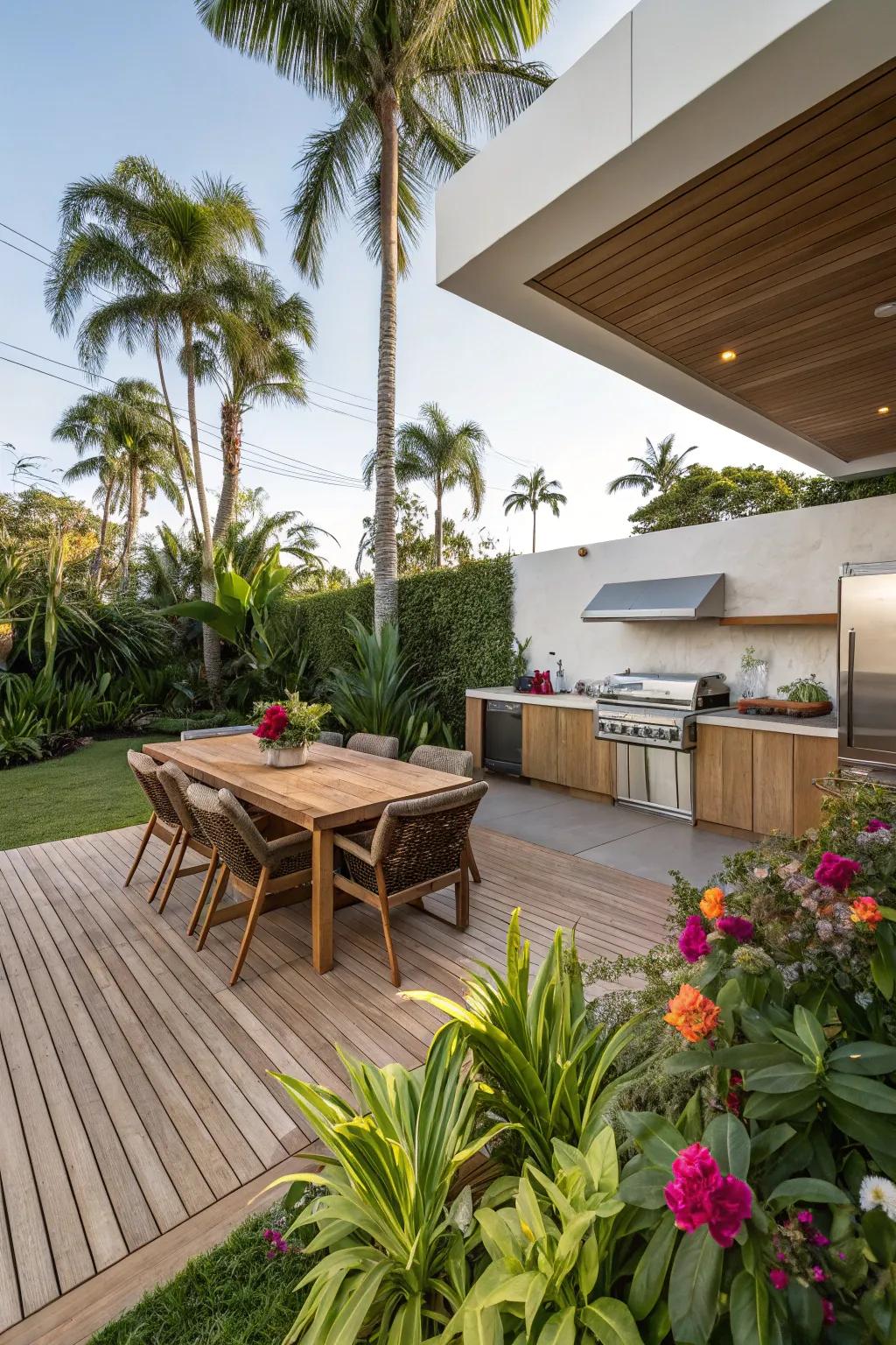 Bamboo decking infuses a tropical vibe and warmth into outdoor kitchen spaces.