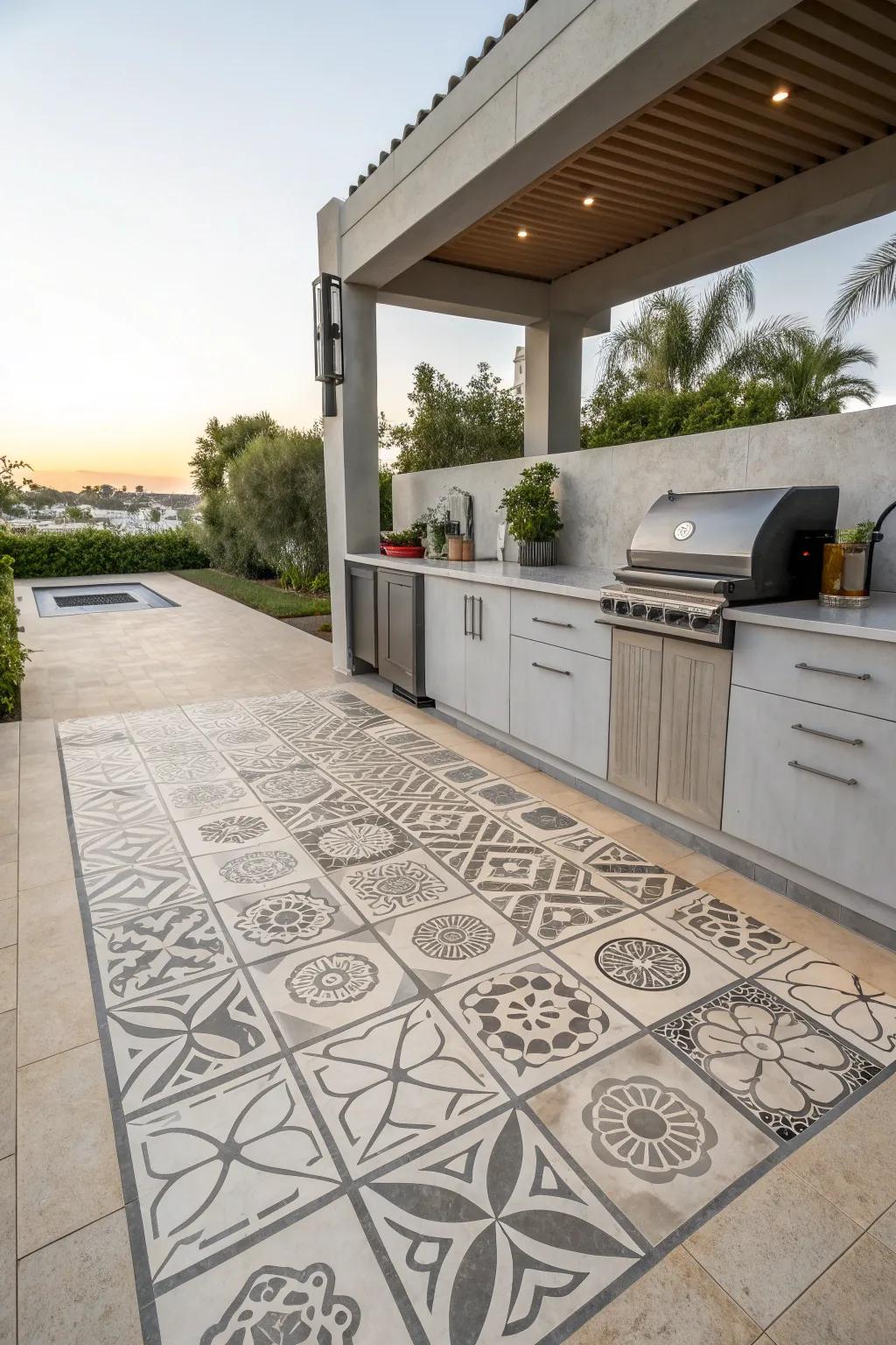 Concrete tiles offer modern patterns and character to outdoor kitchens.