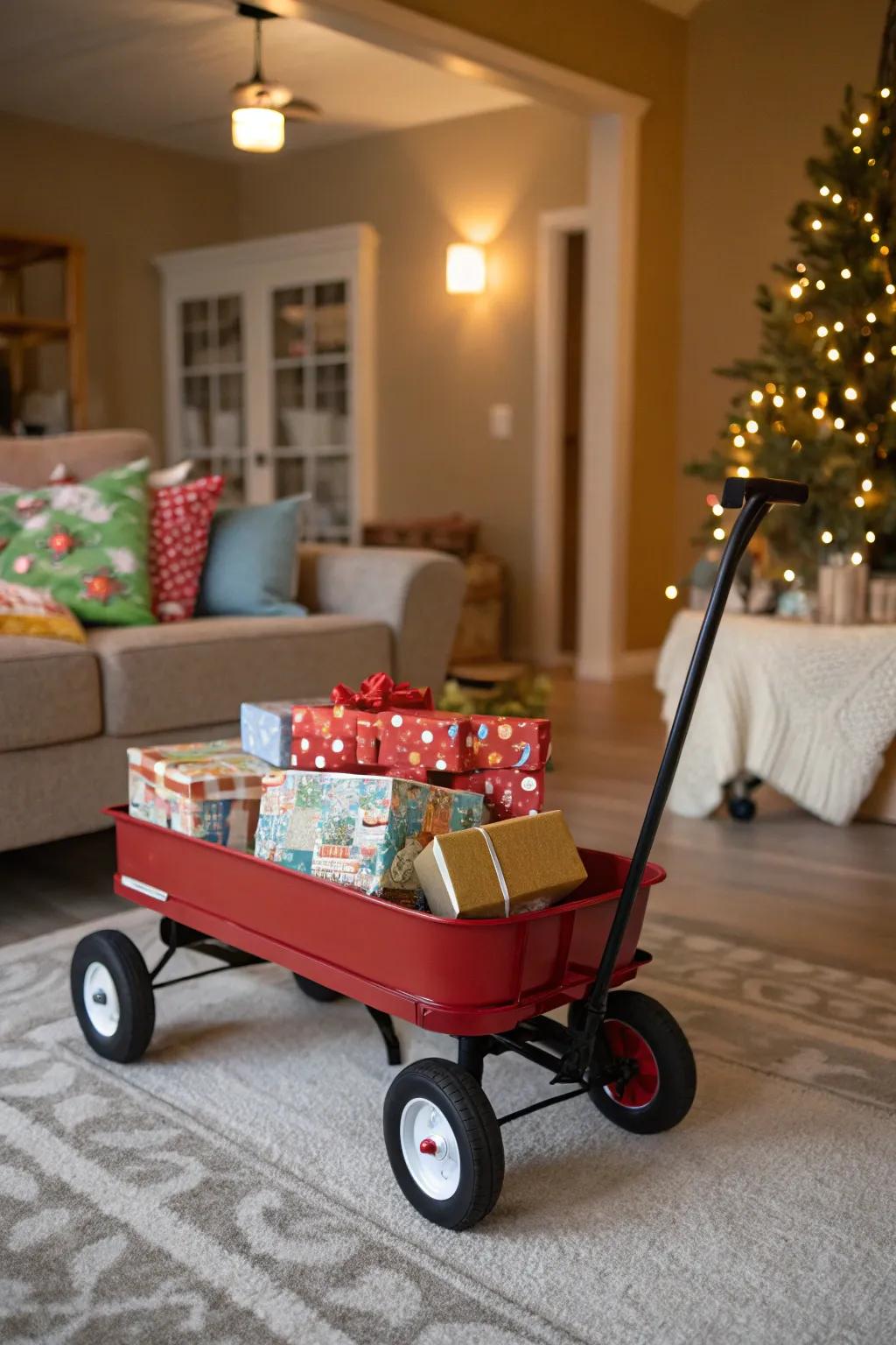 A wagon brimming with beautifully wrapped presents.