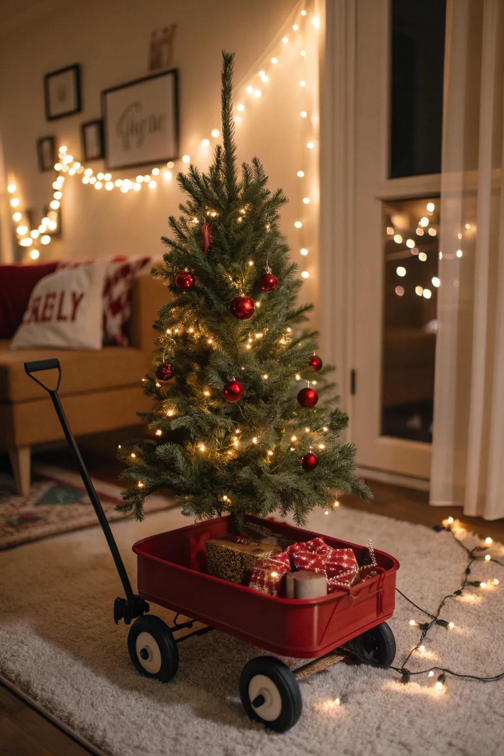 A tiny Christmas tree nestled in a wagon, spreading festive cheer.