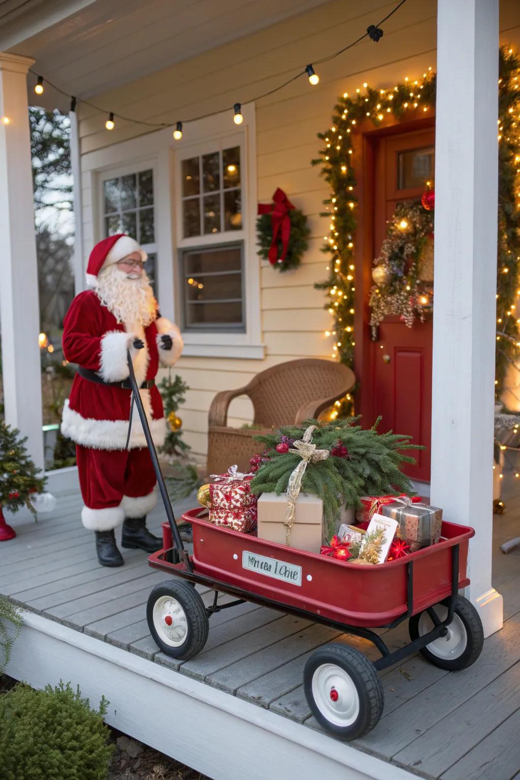 Santa takes a ride in a festively decorated wagon.