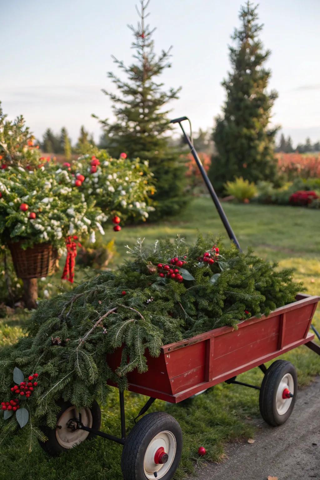 Lush greenery cascading over a festive wagon.