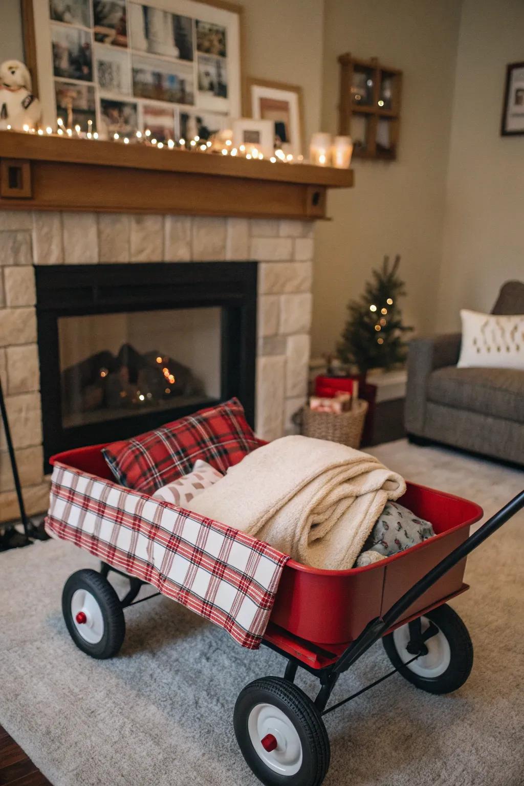 A plaid-lined wagon offering a rustic holiday charm.