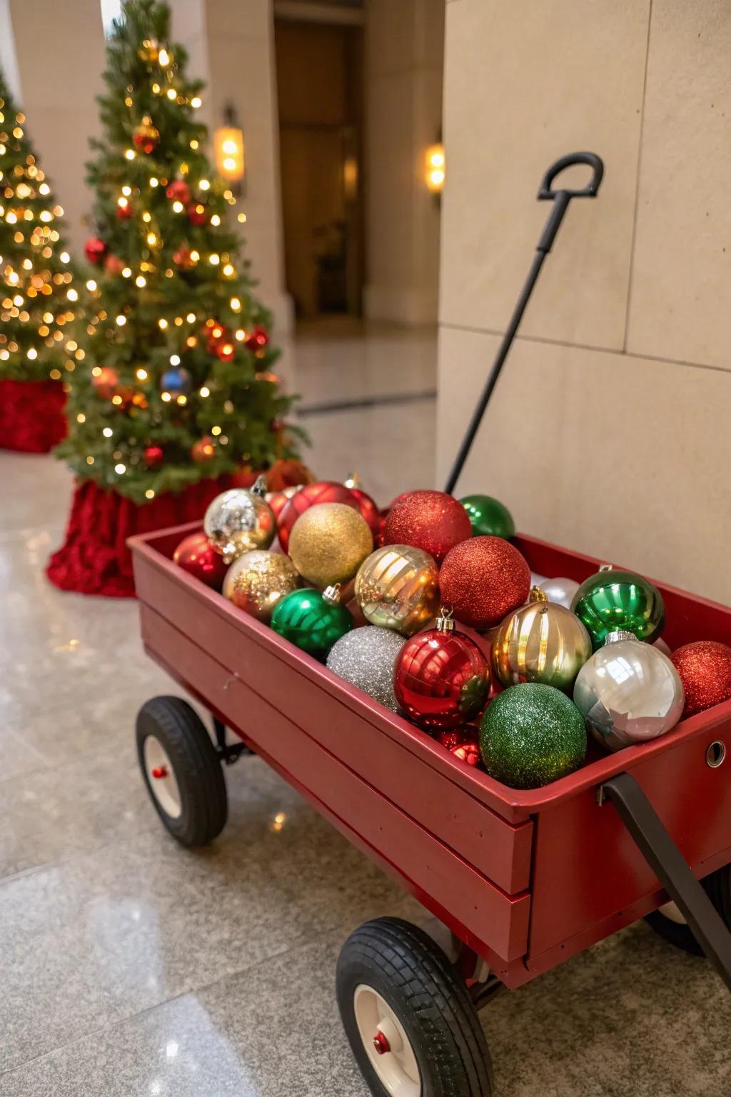 A wagon brimming with shiny, colorful ornaments.