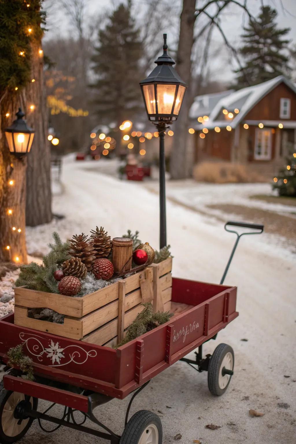 A rustic wooden crate adds nostalgic charm to a wagon.