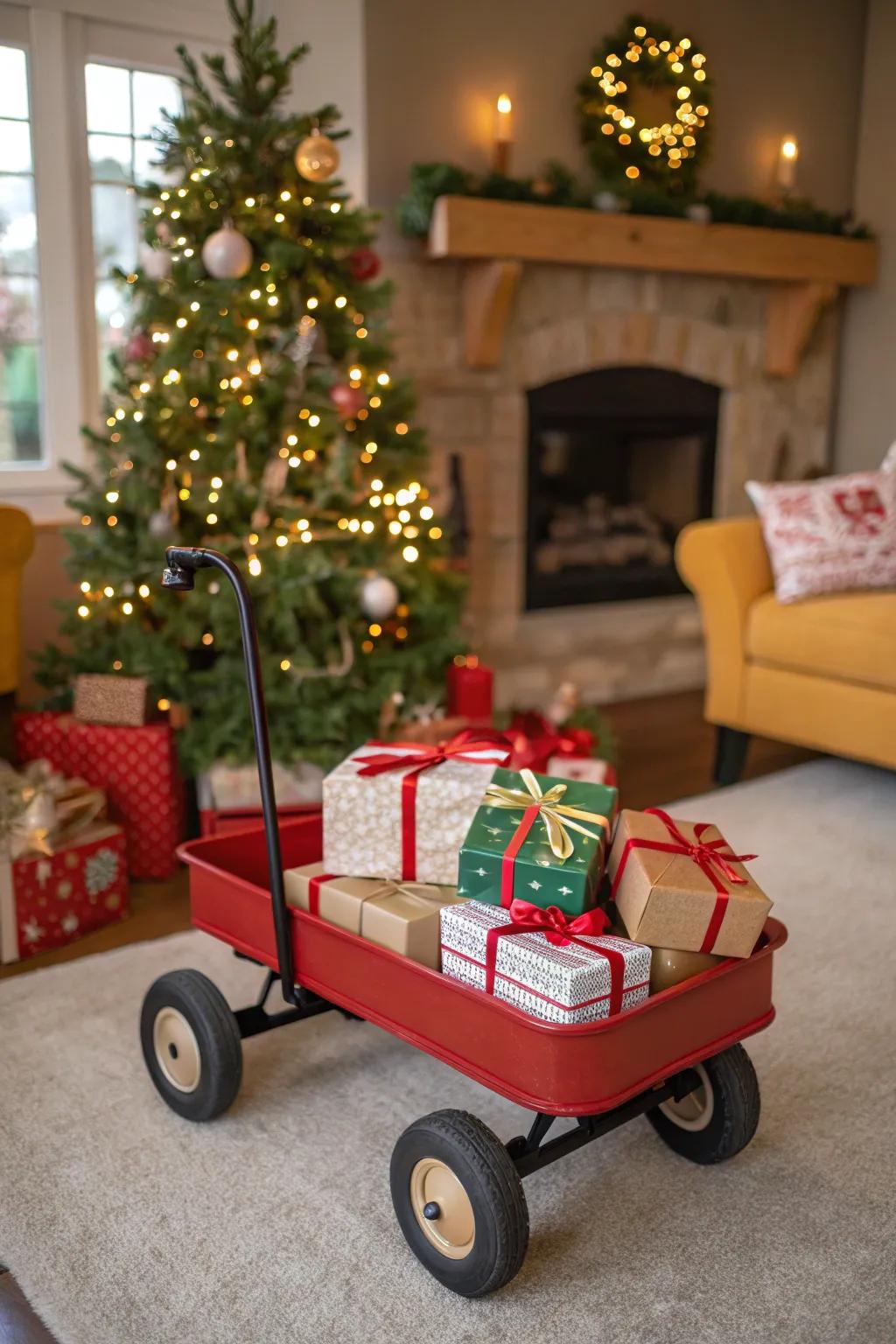 A wagon filled with beautifully wrapped presents.