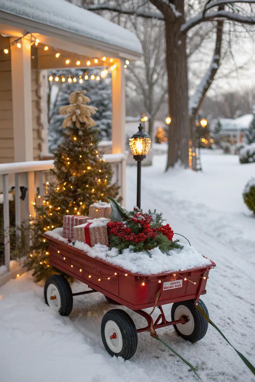 A snowy scene in a festive wagon.