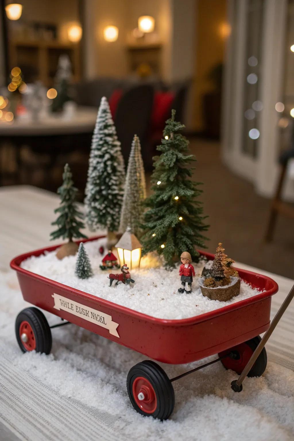 A mini winter wonderland inside a festive wagon.