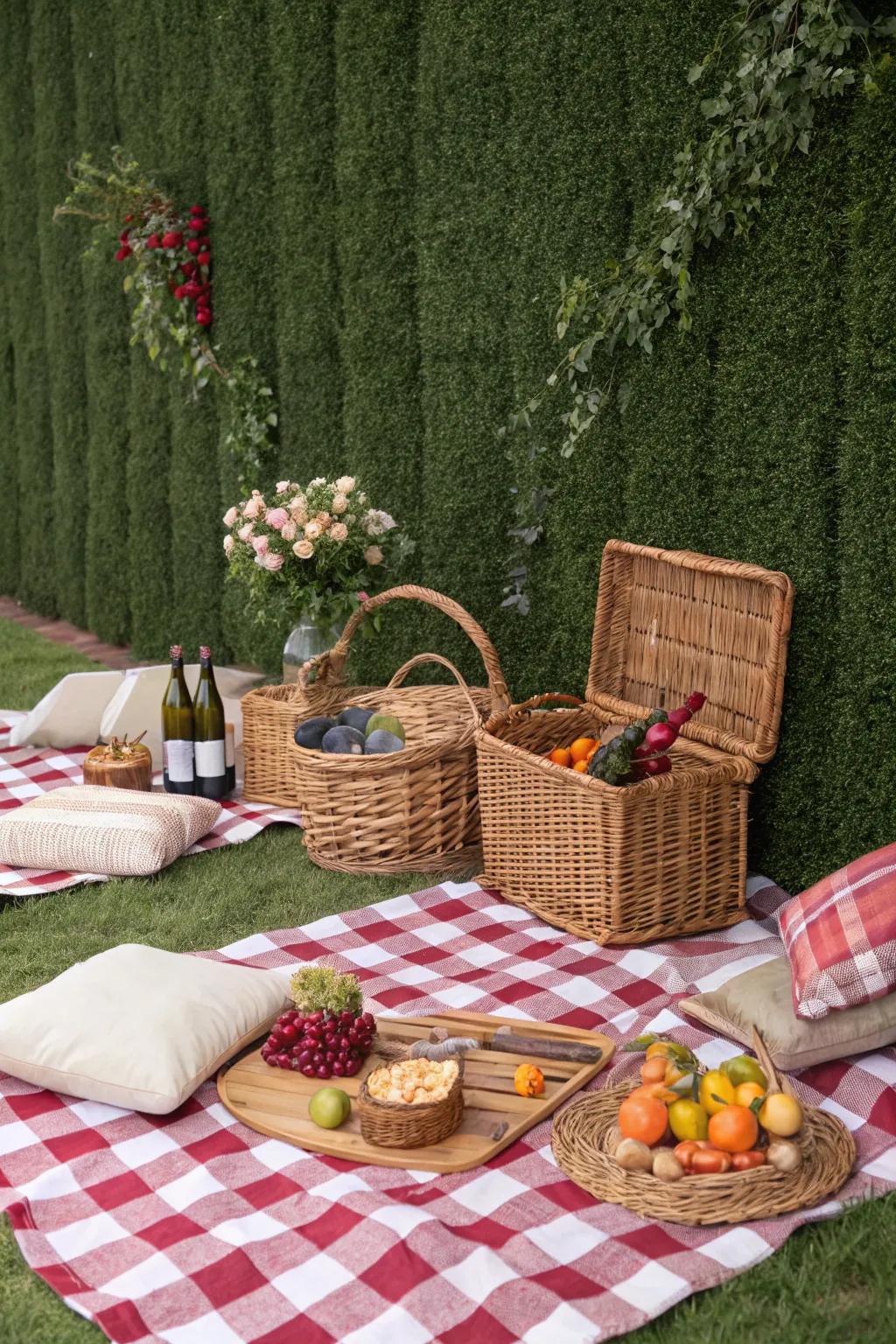 A charming picnic scene with a grass wall backdrop.