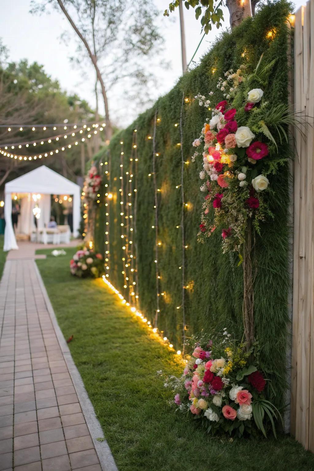 A fairy-tale garden party backdrop with grass, lights, and flowers.