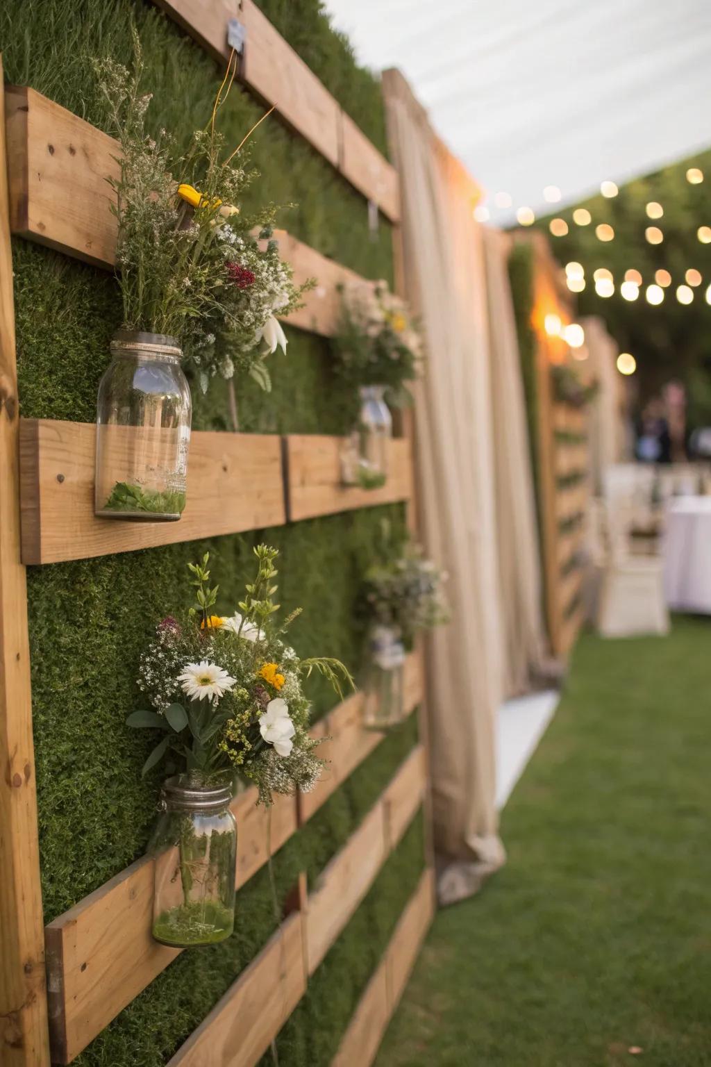 Rustic charm with a grass wall and wooden accents.