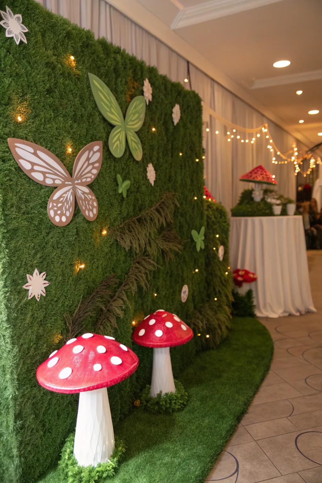A fairy tale birthday setup with a magical grass wall.