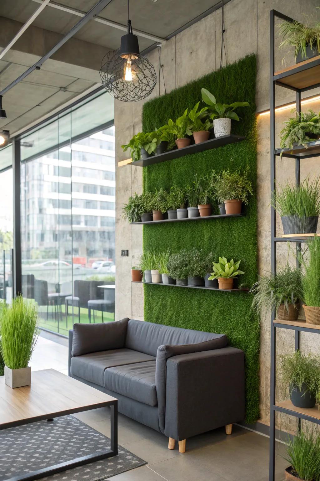 An urban jungle with a grass wall and modern decor.