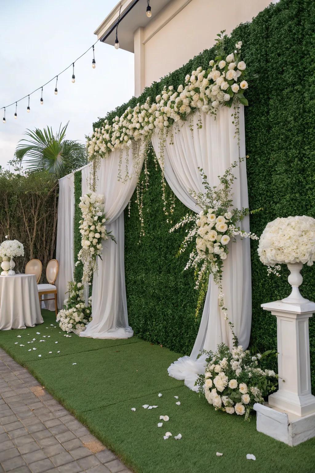 An elegant wedding backdrop with a grass wall and flowers.