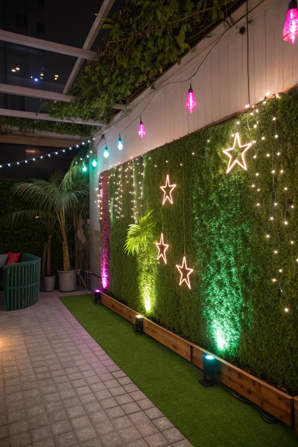 Mood lighting elevates the ambiance of a grass wall.