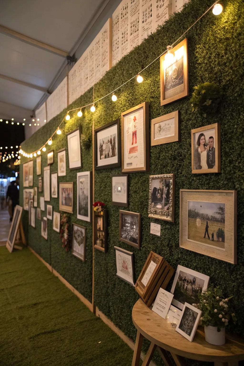 A personalized touch with photos on a grass wall.