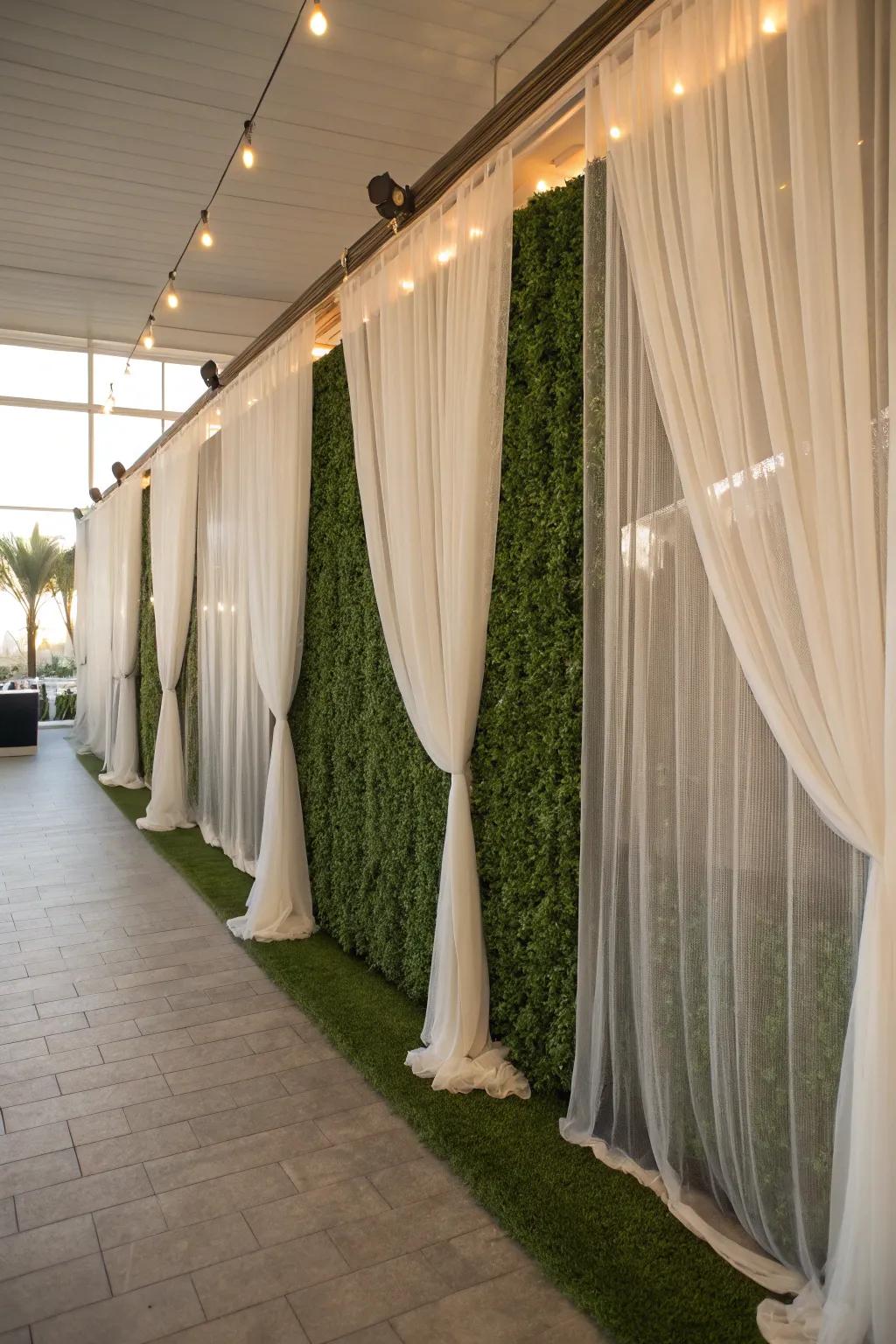 Sheer elegance with a grass wall and flowing curtains.