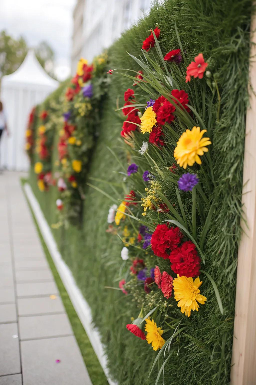Vibrant florals enhance a grass wall backdrop.