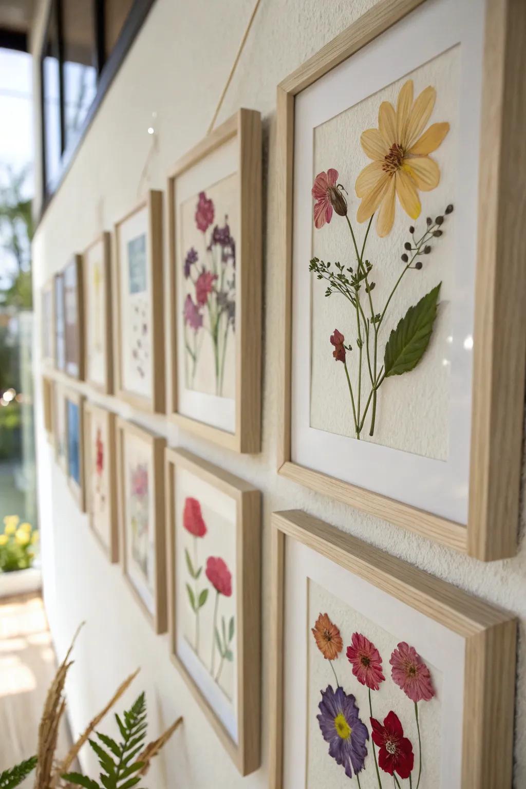 Pressed flowers beautifully framed and displayed on a wall.