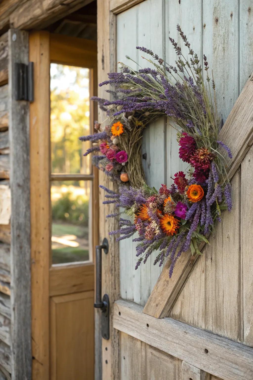 A colorful dried flower wreath on a rustic door.